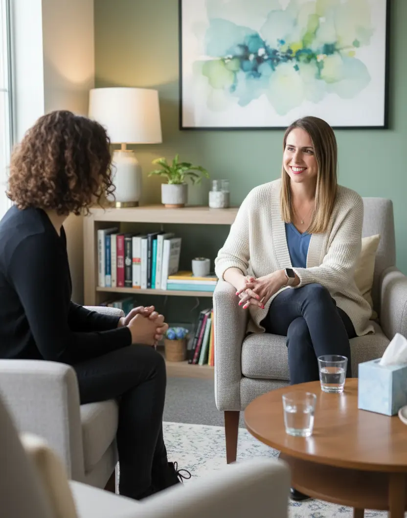 A therapist and client talking in a bright therapy office