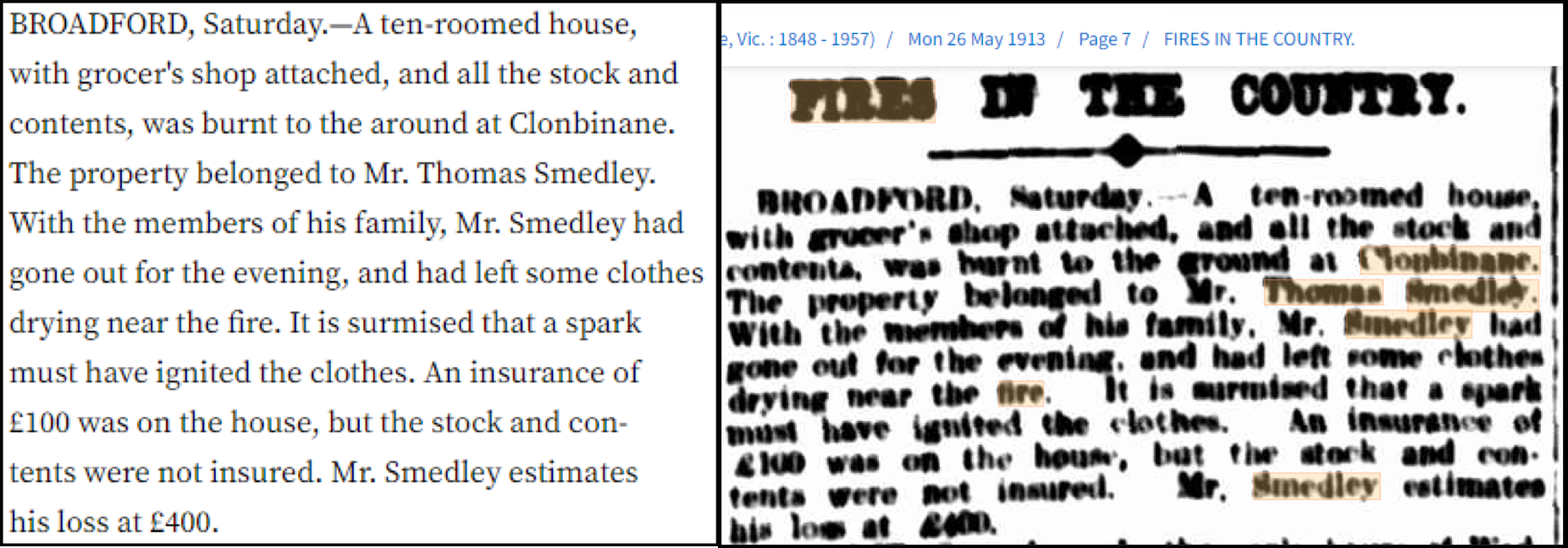 1913 News Articles about the Smedleys of Clonbinane