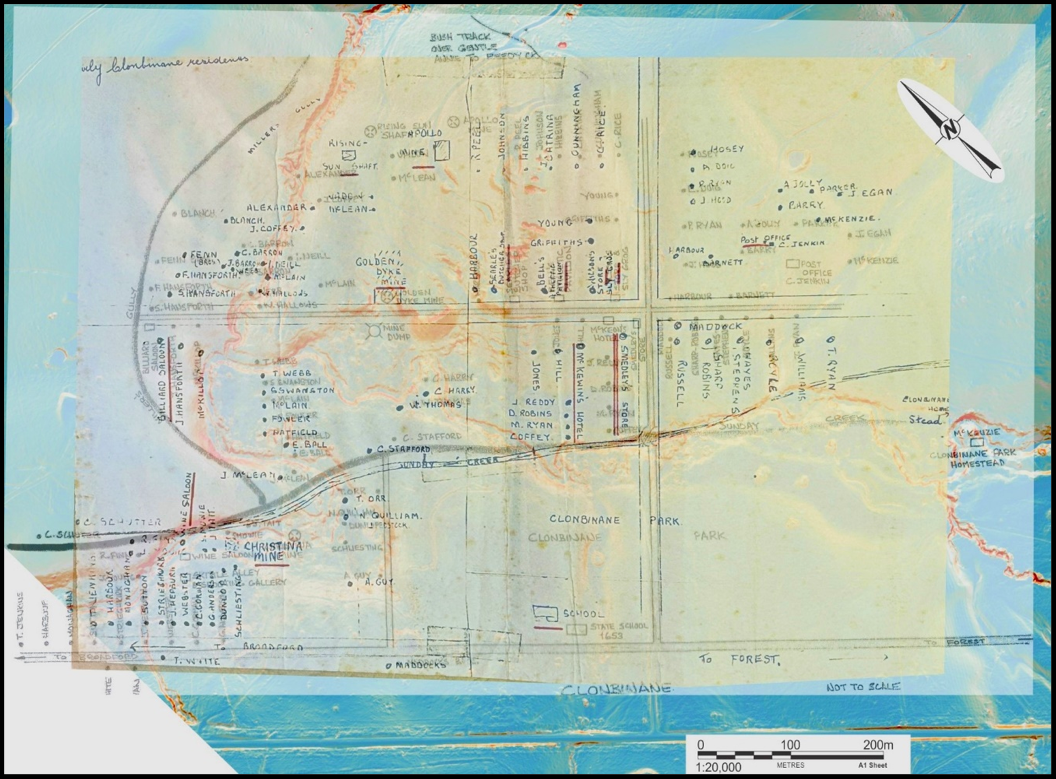 A map drawn of Clonbinane village by Mabel Smedley with help from Charles Smedley