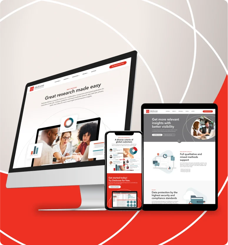 The new Dedoose homepage design on a monitor, phone and a tablet