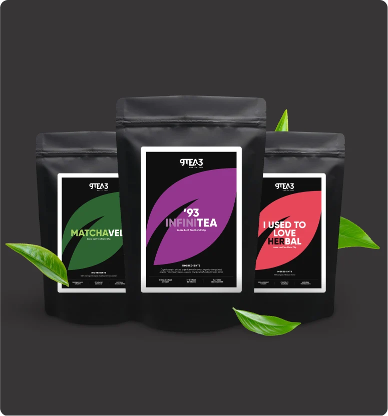 A collage of 3 9Tea3 product pouches