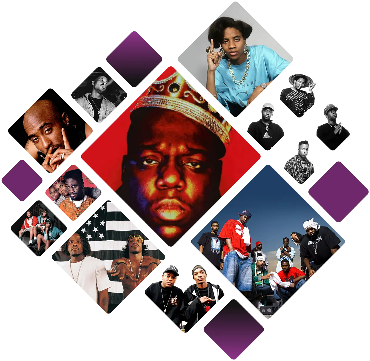 A collage of 90s hip hop artists