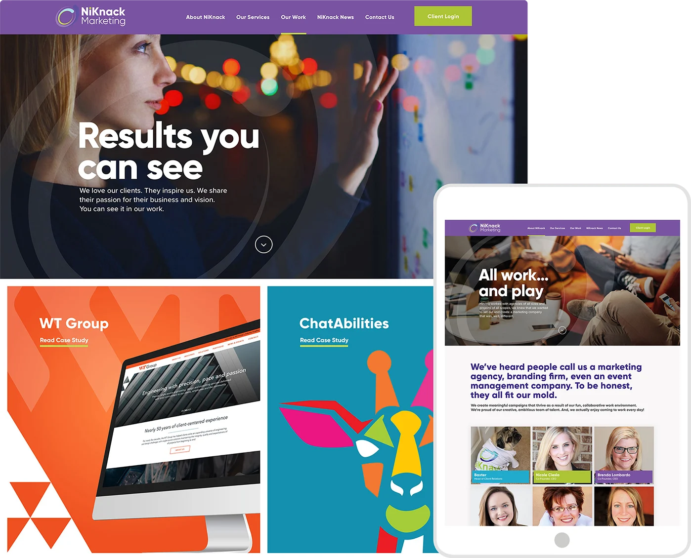 NiKnack Marketing Our Work and About Us page responsive mockups