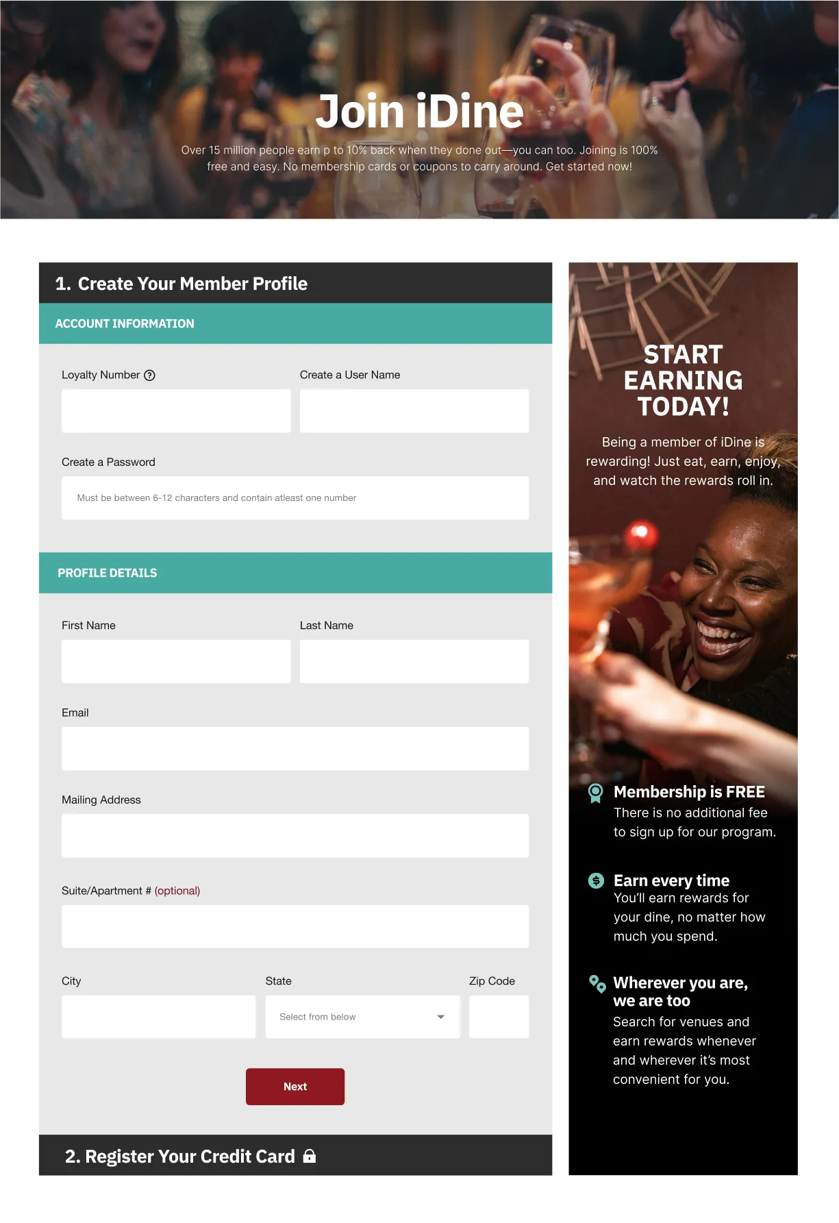 Newly designed iDine enrollment page