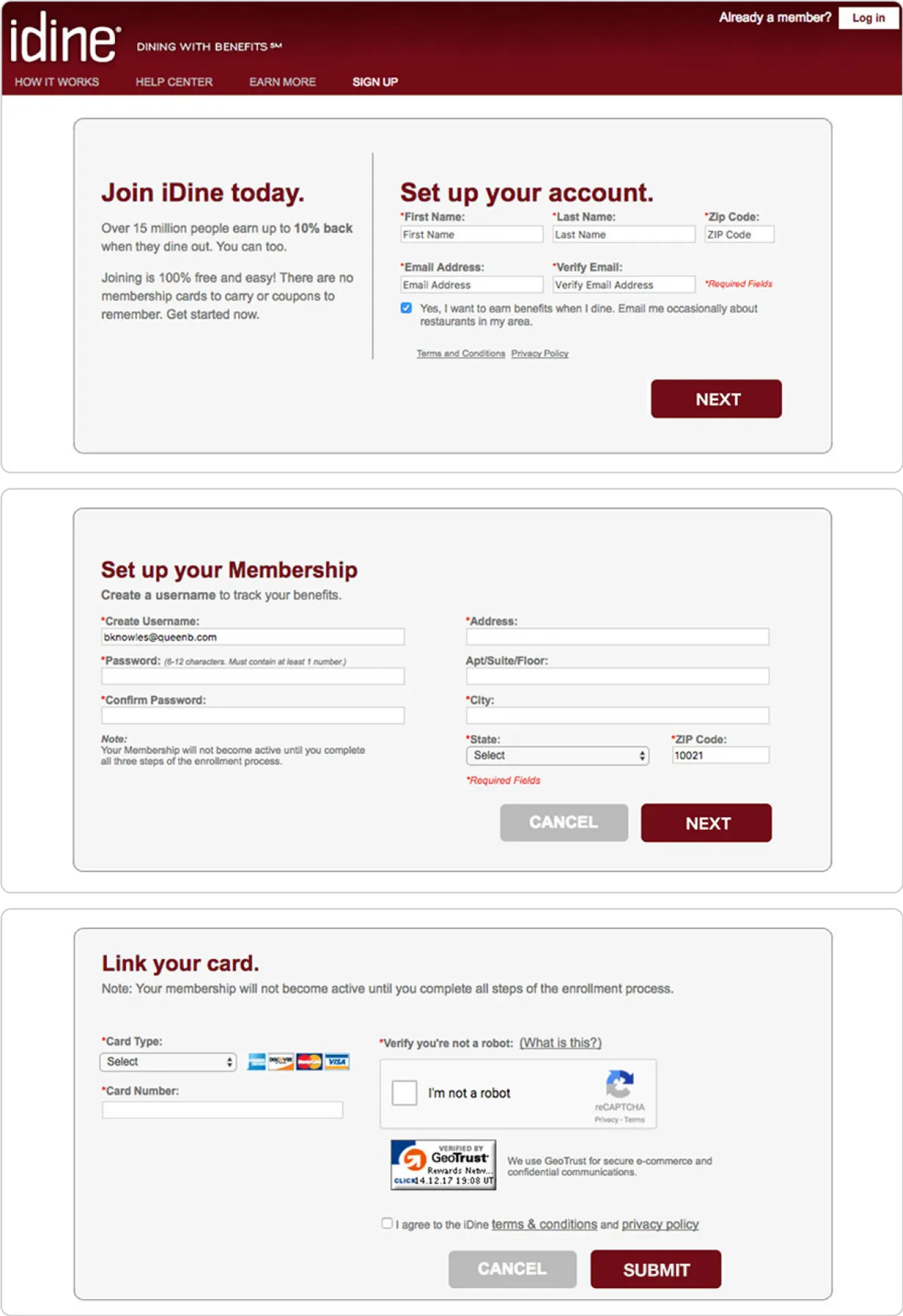 Old  iDine enrollment page