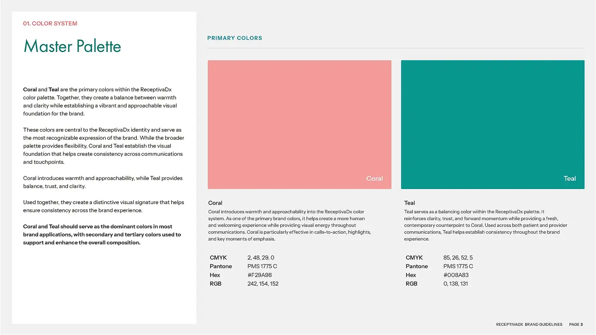 ReceptivaDx master color palette swatches from the brand guidelines