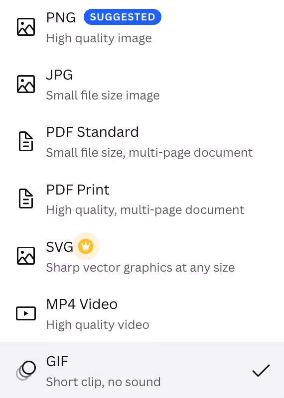 A screenshot of the Canva downloads menu