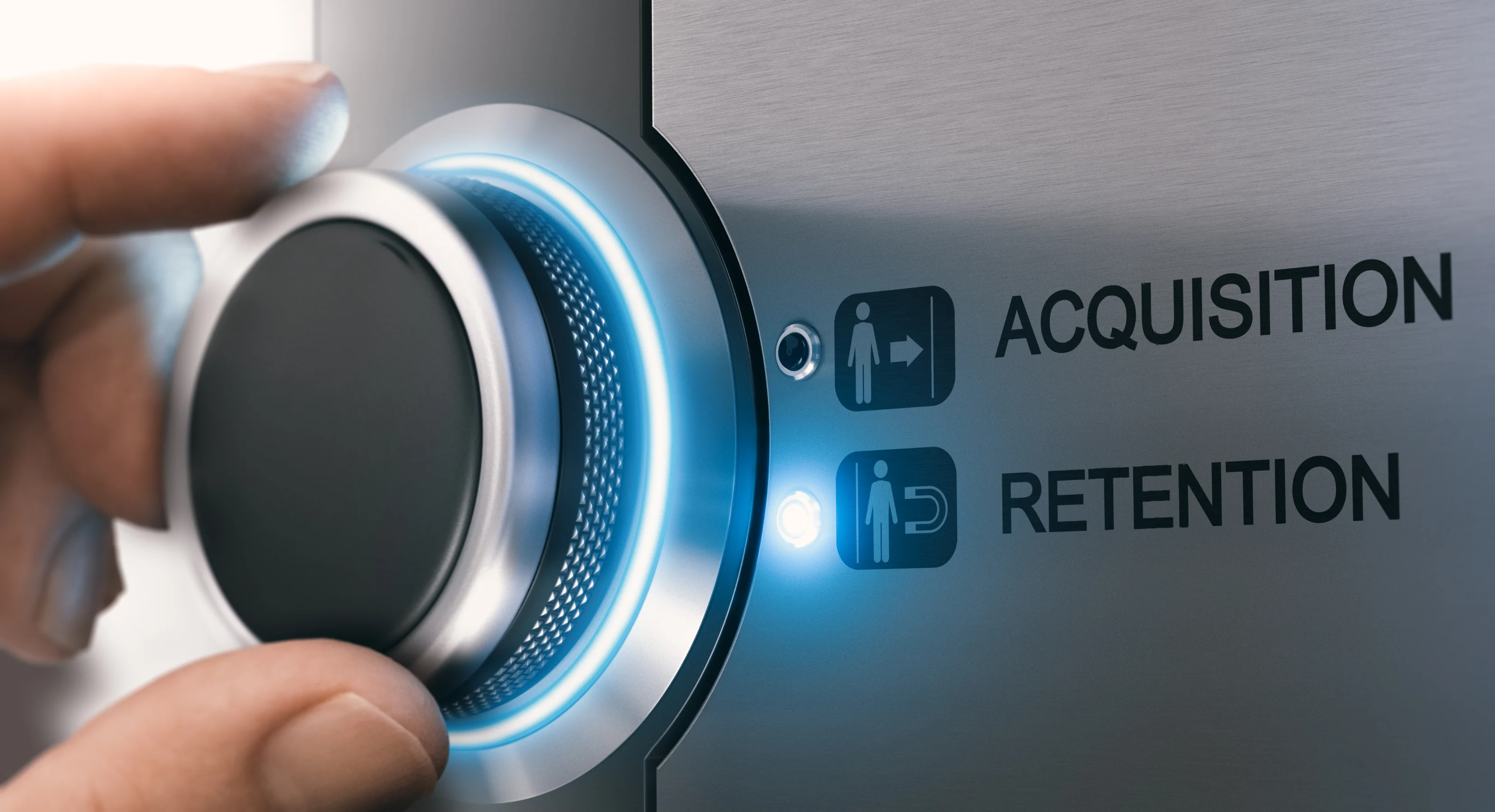 an employee turning the dial from acquisition to retention while implementing retention marketing strategies