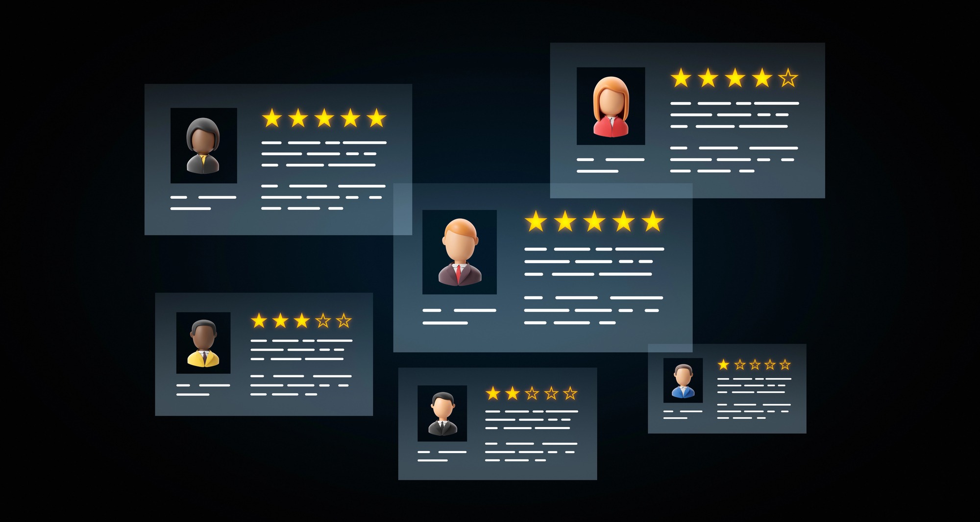 An image of several generic, blank reviews and testimonials with four star and five star ratings, all arranged against a background. The text is illegible and the photos are icons.