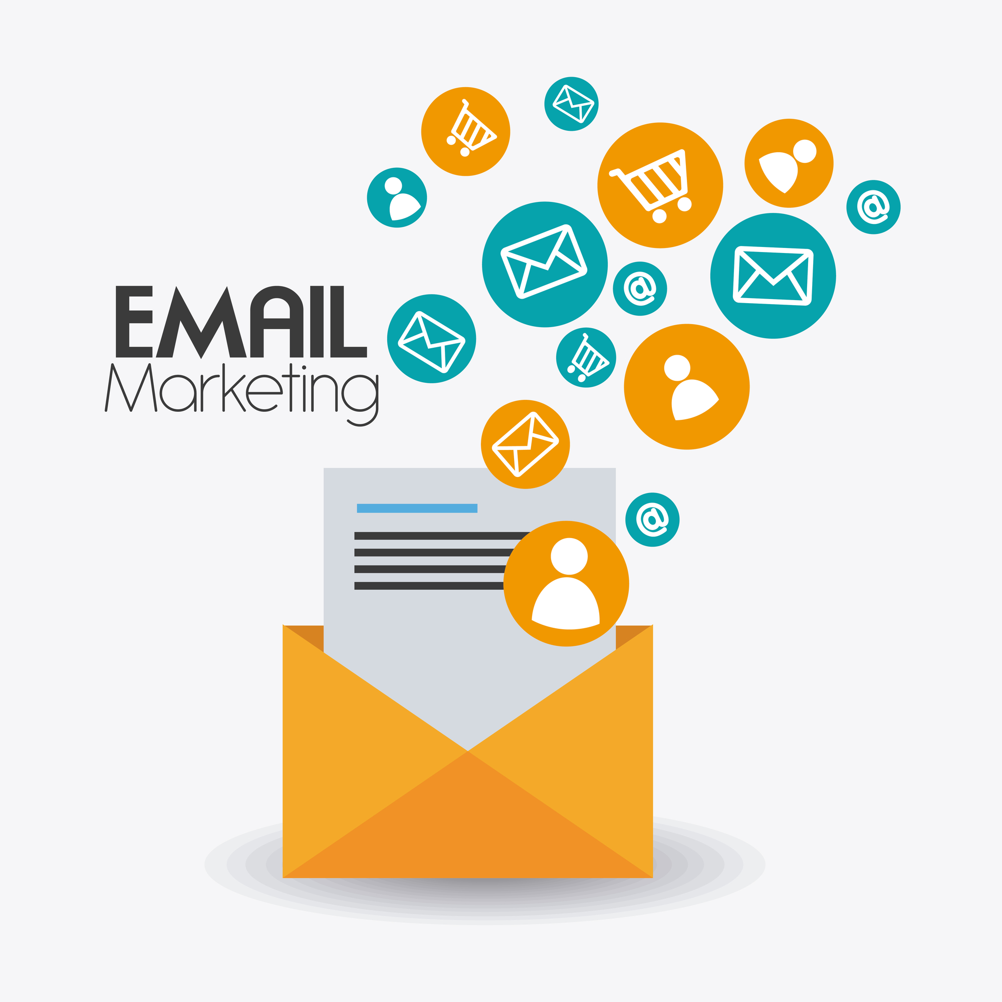 Art of a letter opening to reveal an array of ecommerce related icons, with the text “Email Marketing” prominently displayed next to it.