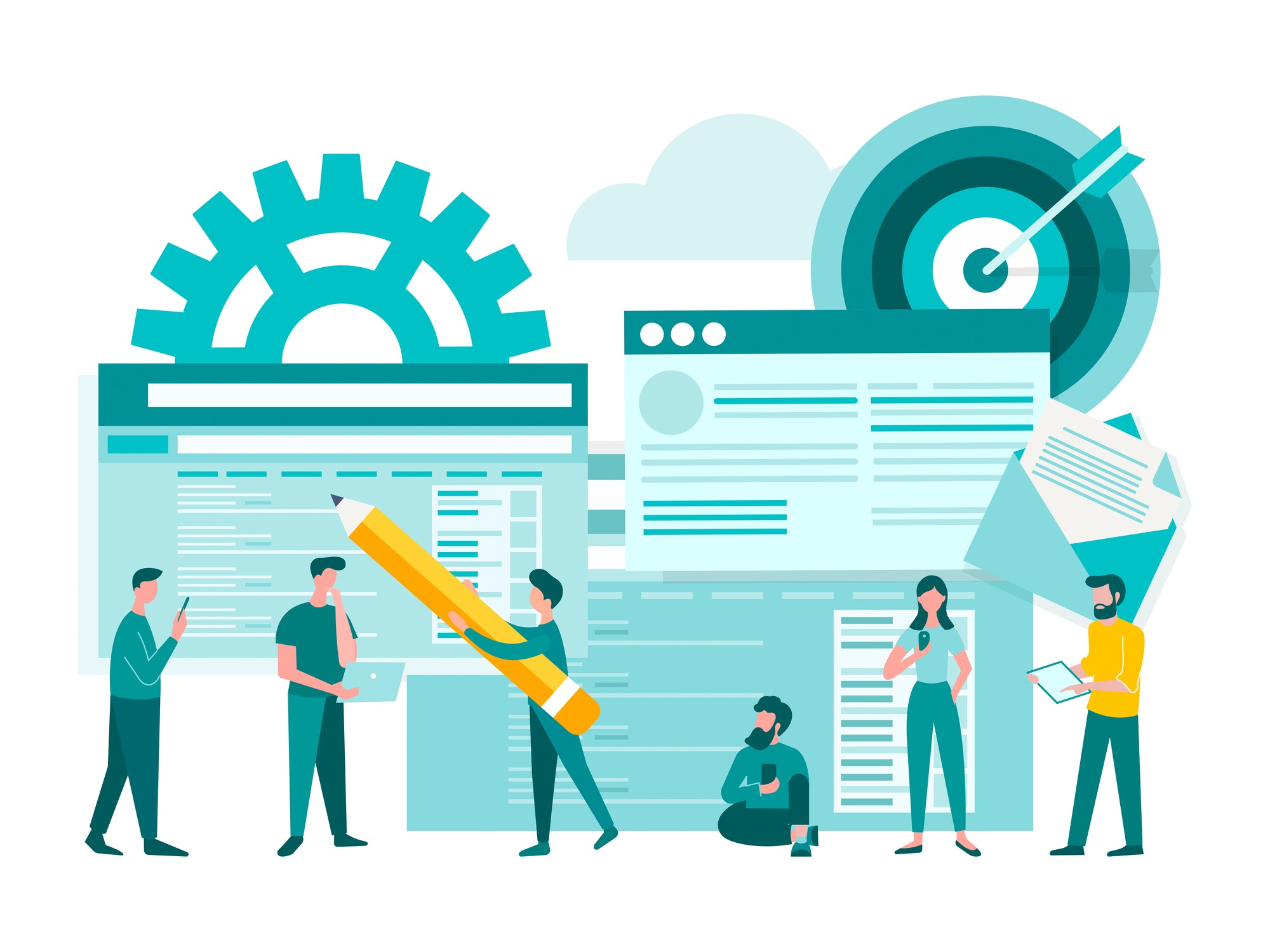 Art of a team of people working together to create website content, emails, and SEO ranking. One of them is holding a giant pencil larger than them, pressing it against a computer window.