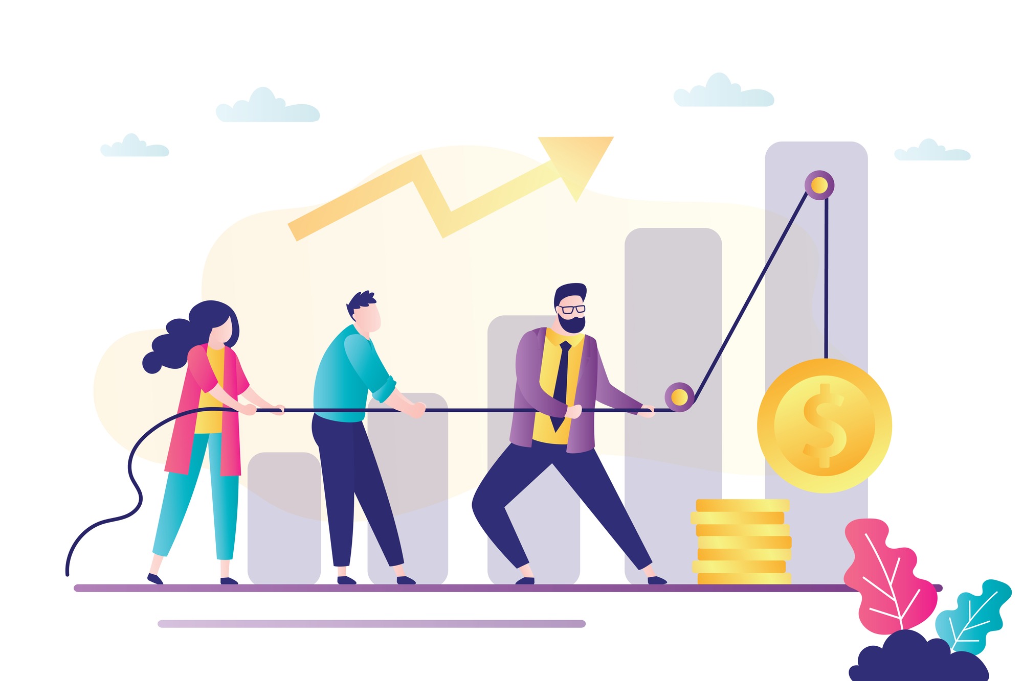 Art of a team of businesspeople working together to lift a giant coin and raise a growing chart’s profits.