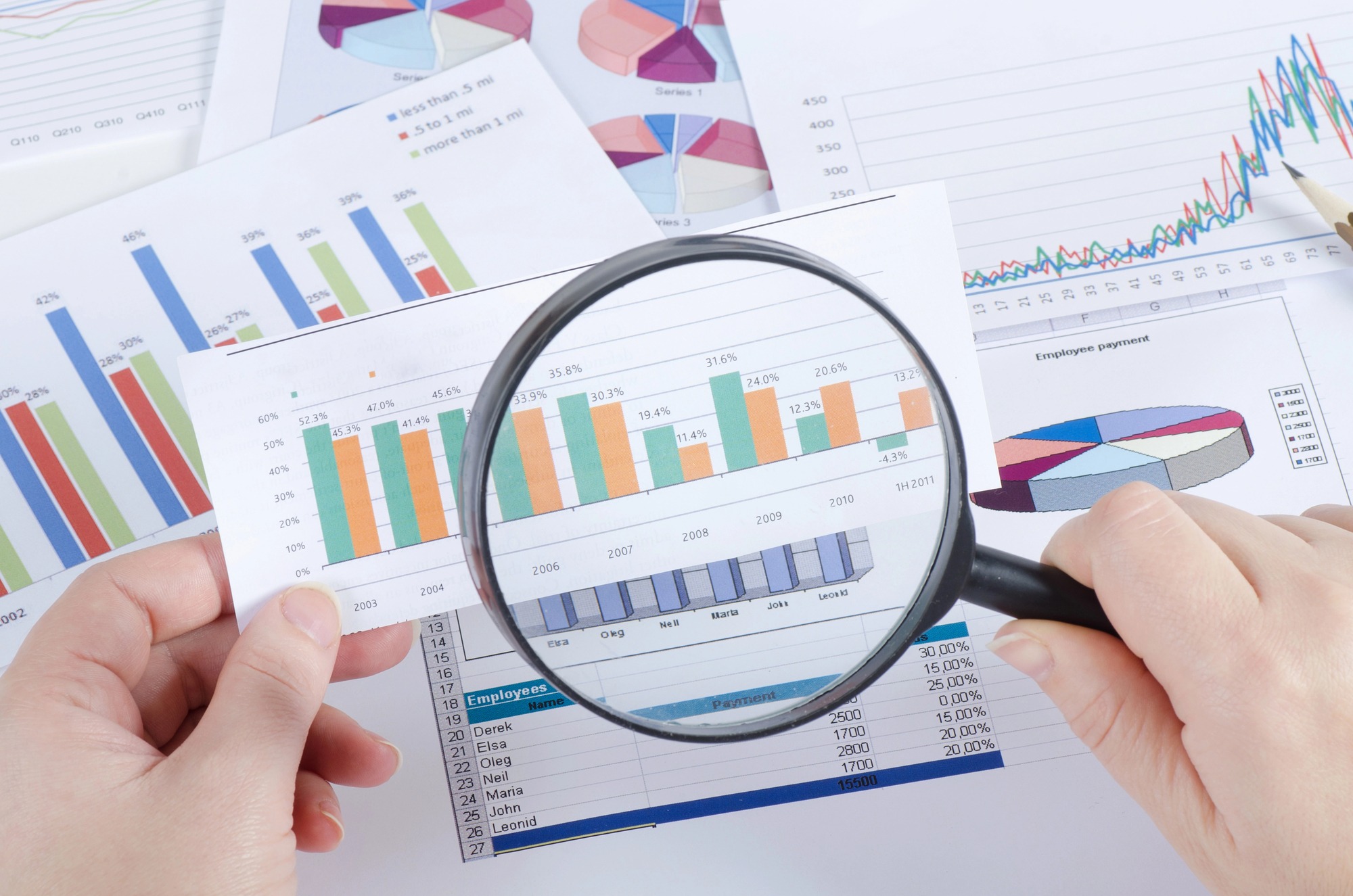 A hand holding a magnifying glass up to a collection of papers containing an array of charts and graphs.