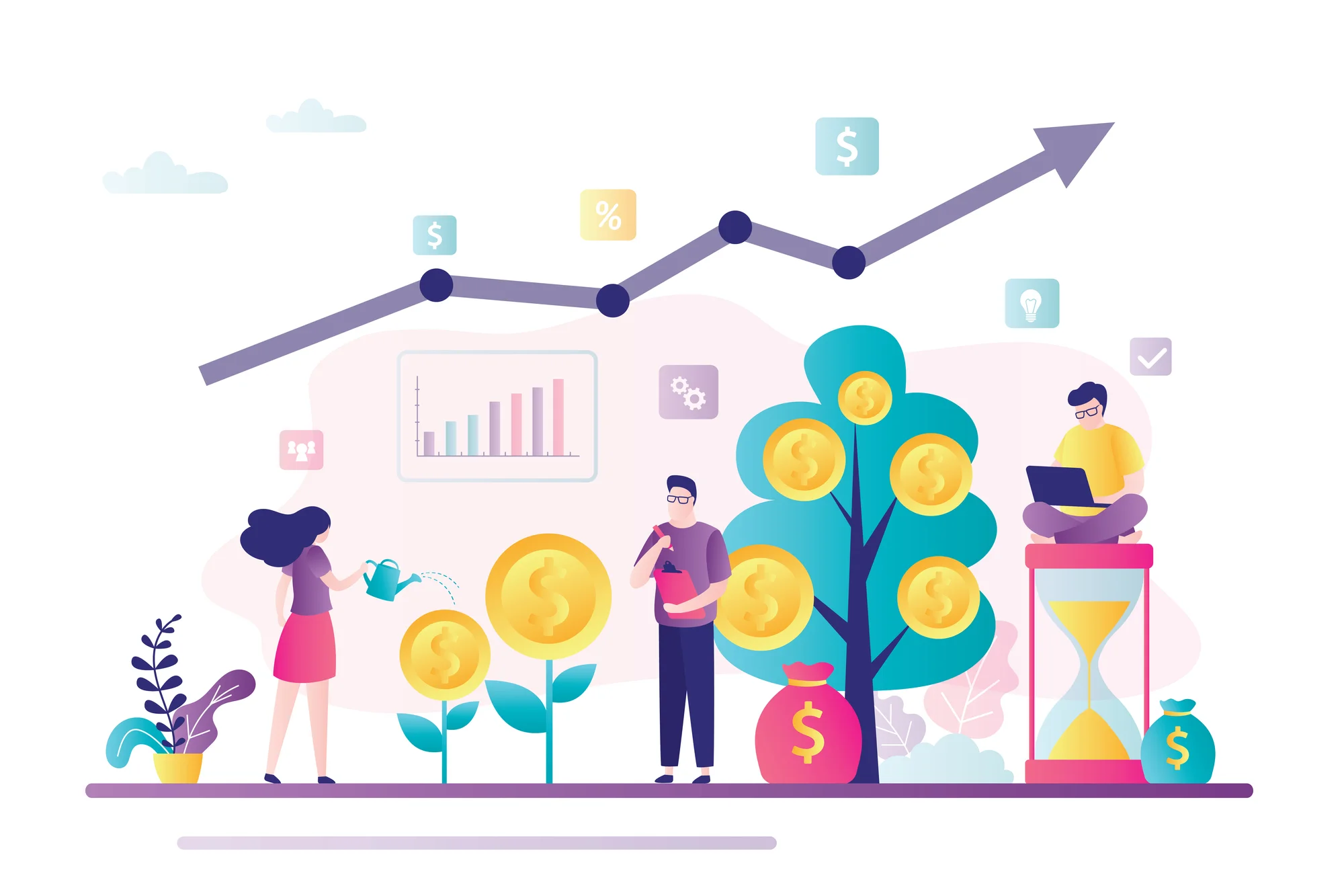 Art of various people watering money trees while graphs trend upwards in the background.