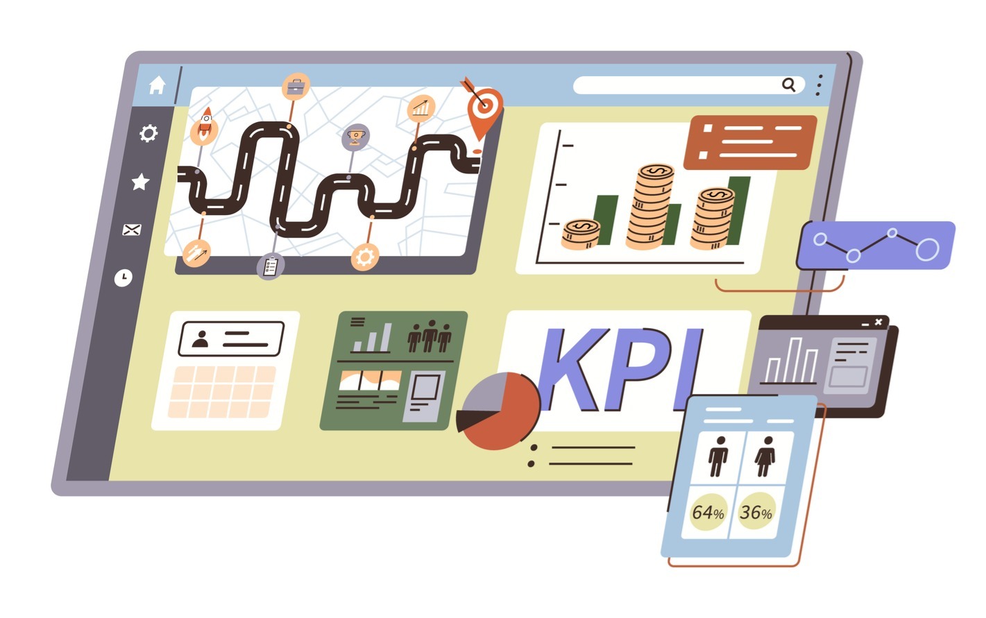 Art of a tablet screen, on which various KPIs, money-related graphs, and audience metrics are displayed.