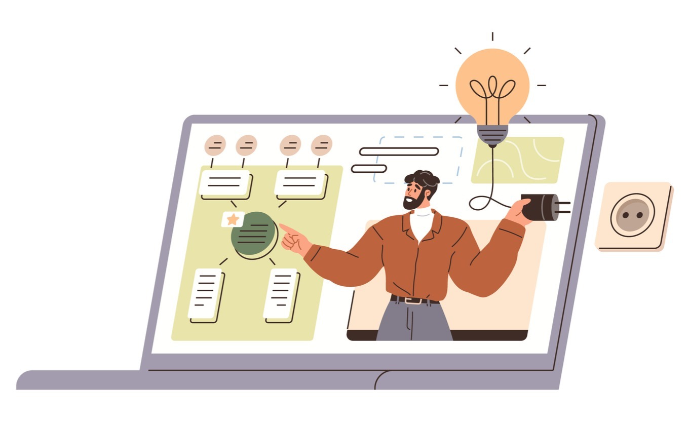 Art of a laptop, which is displaying a man standing and pointing to various parts of a website. He is also holding a plug connected to a large lightbulb.