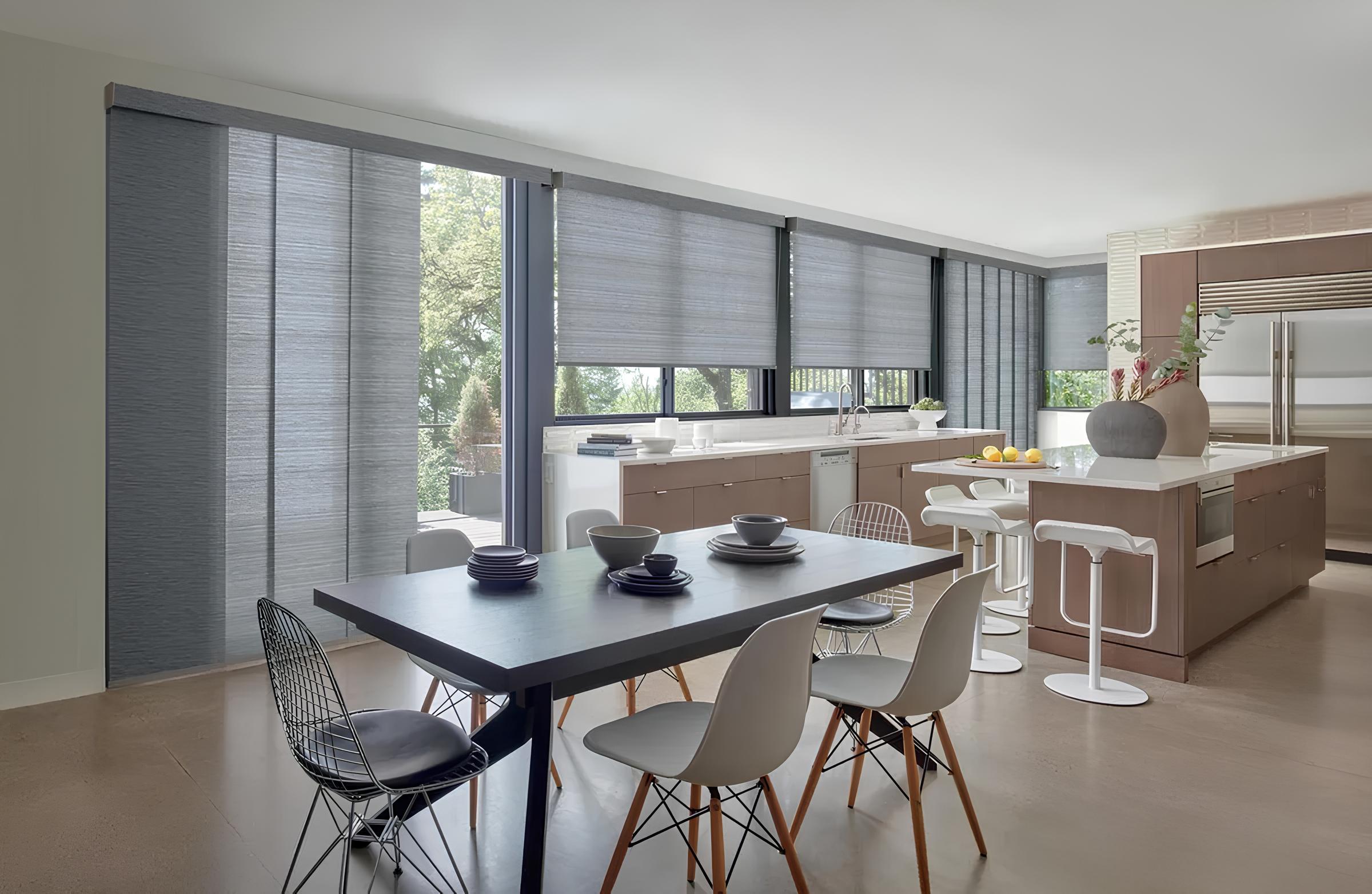 Modern kitchen with blue vertical blinds