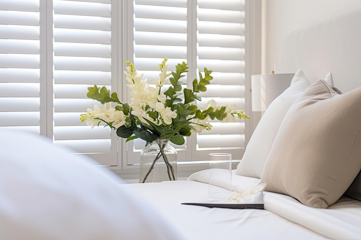 Wooden window shutters illuminate Santa Rosa room.