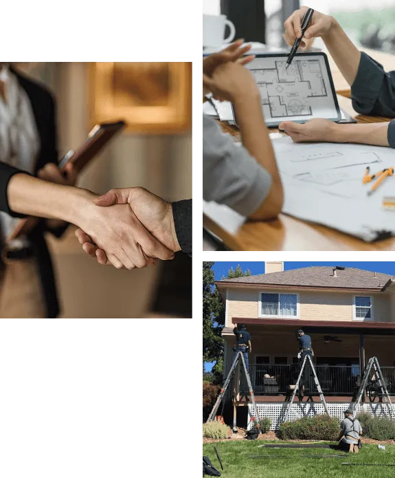 Collage of three images: people shaking hands, two people reviewing blueprints, and a house with a swing set in the yard.