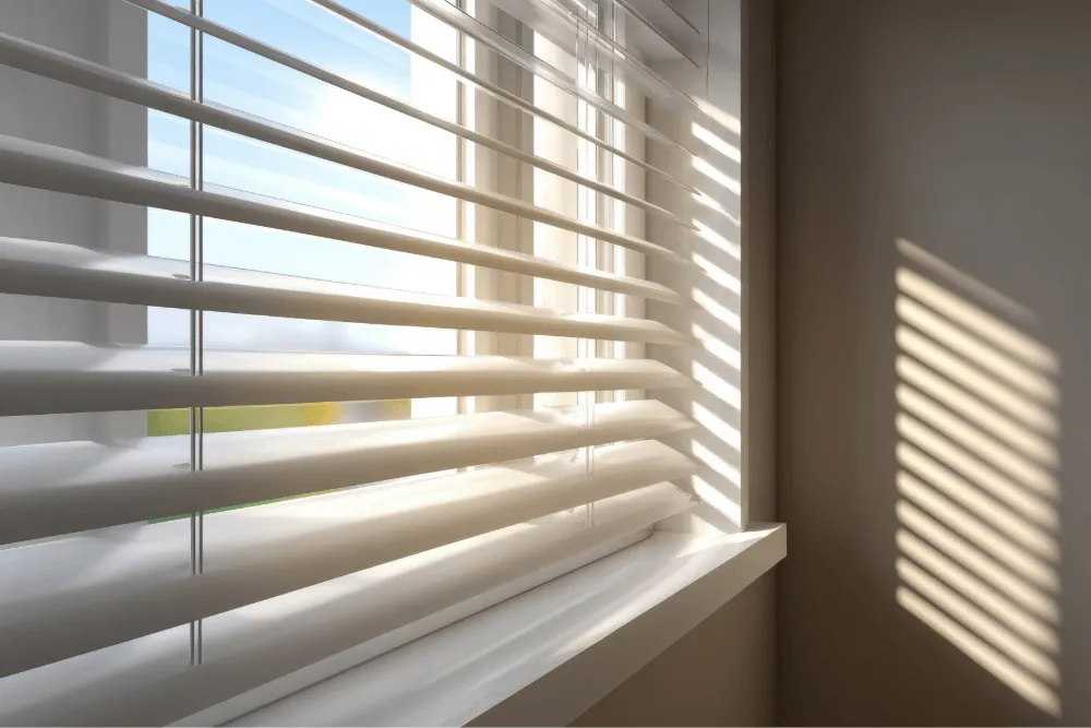 Bedroom with white blinds and curtains.
