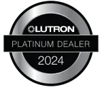 Circular silver and black badge with the text "Lutron Platinum Dealer 2024" in the center.