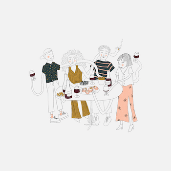 Pour le premier anniversaire du restaurant parisien Sausalito, réalisation d'un visuel décliné en t-shirt et en tote bag. L'illustration met en scène à la fois la convivialité, le partage et une sélection de plats signatures proposés par le restaurant.