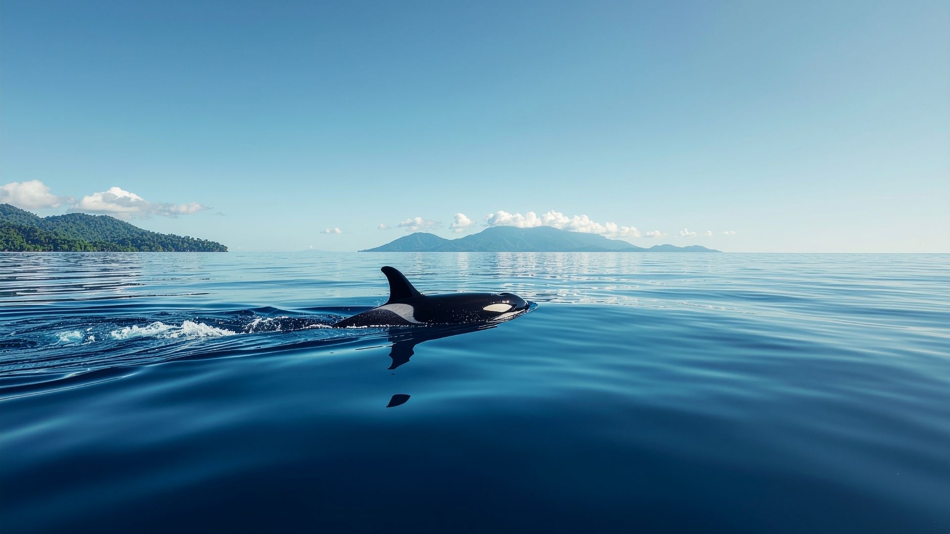 An orca whale is swimming in the open ocean