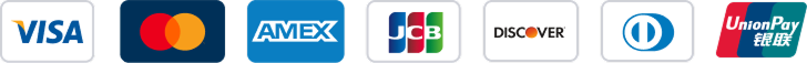 Logos of credit card companies: Visa, Mastercard, American Express, JCB, Discover, Diners Club, and UnionPay.