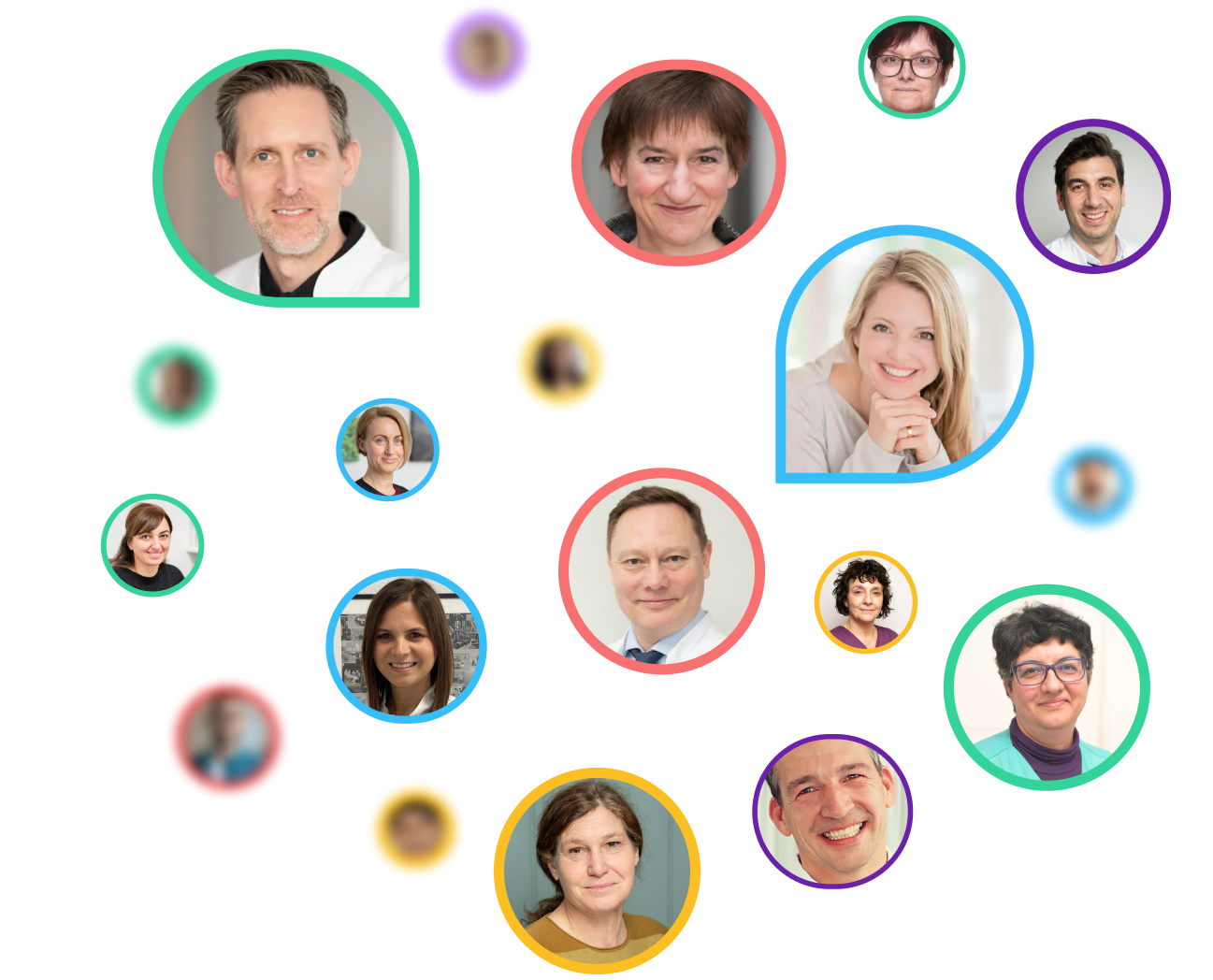 Collage of diverse smiling doctors in circular frames with colorful borders on a white background.