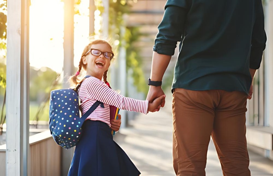  Father walking daughter to school in Midlothian 