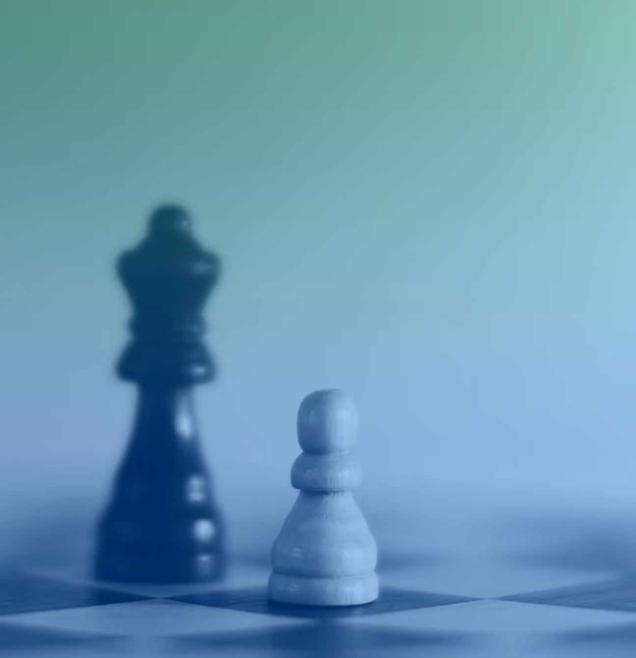A chess board with shallow depth of field reveals a white pawn piece in the foreground. Behind it looms a black queen piece. The image is overlayed with a green to blue gradient. 
