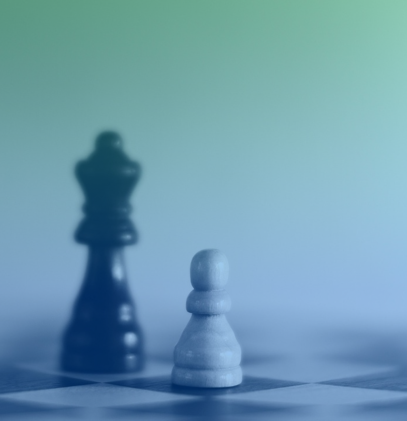 A chess board with shallow depth of field reveals a white pawn piece in the foreground. Behind it looms a black queen piece. The image is overlayed with a green to blue gradient. 