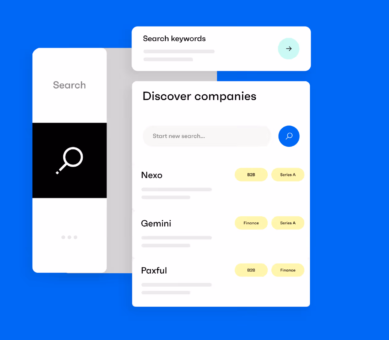 Examples of Grata's user interface displaying features including searching keywords and discovering companies based on custom filters.
