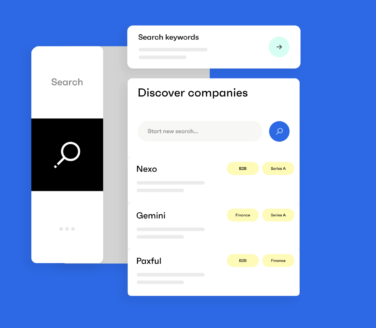 Examples of Grata's user interface displaying features including searching keywords and discovering companies based on custom filters.