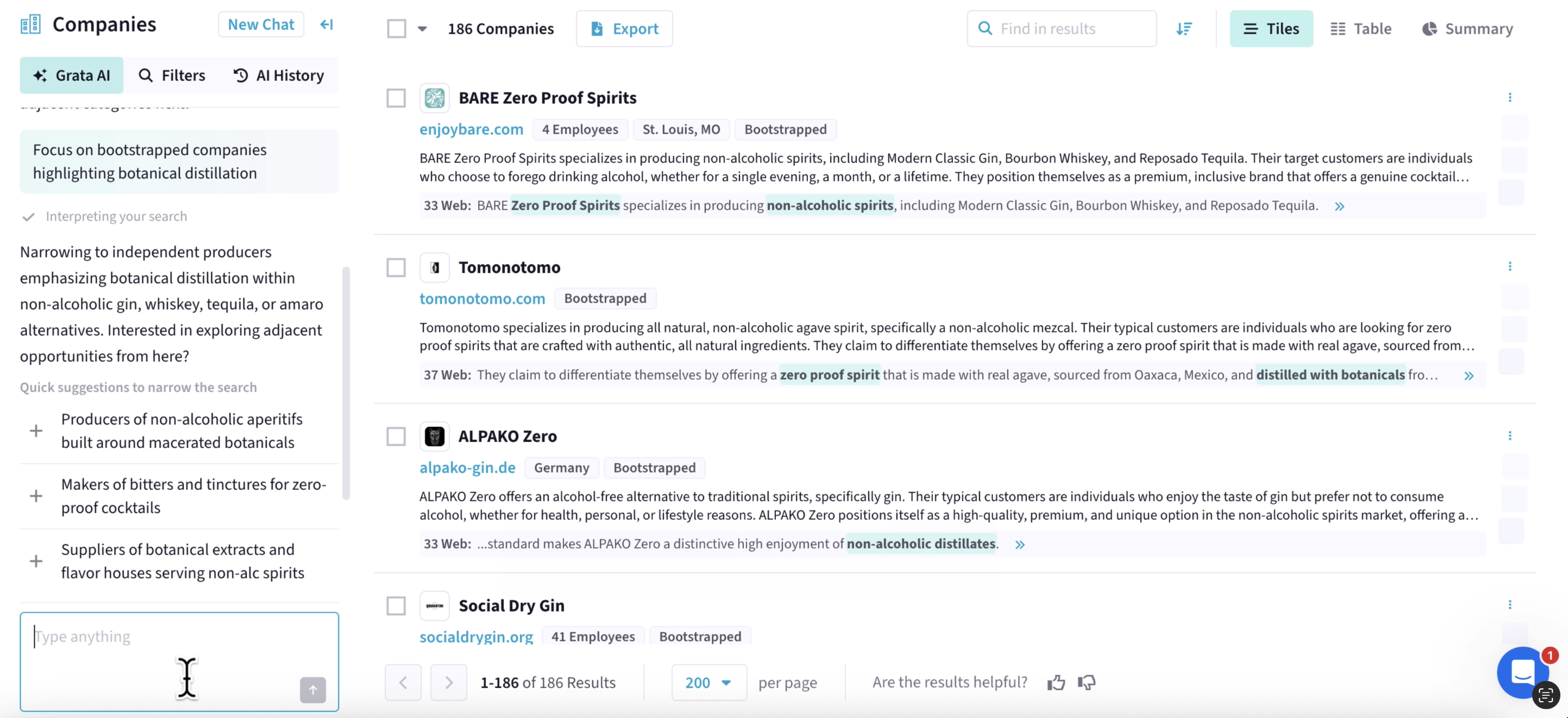 Further down the search pipeline, the user asks Grata to "focus on bootstrapped companies highlighting botanical distillation." The AI responds, "Narrowing to independent producers emphasizing botanical distillation within non-alcoholic gin, whiskey, tequila, or amaro alternatives. Interested in exploring adjacent opportunities from here?" The quick suggestions offered include: Producers of non-alcoholic aperitifs built around macerated botanicals; Makers of bitters and tinctures for zero-proof cocktails; Suppliers of botanical extracts and flavor houses serving non-alc spirits.