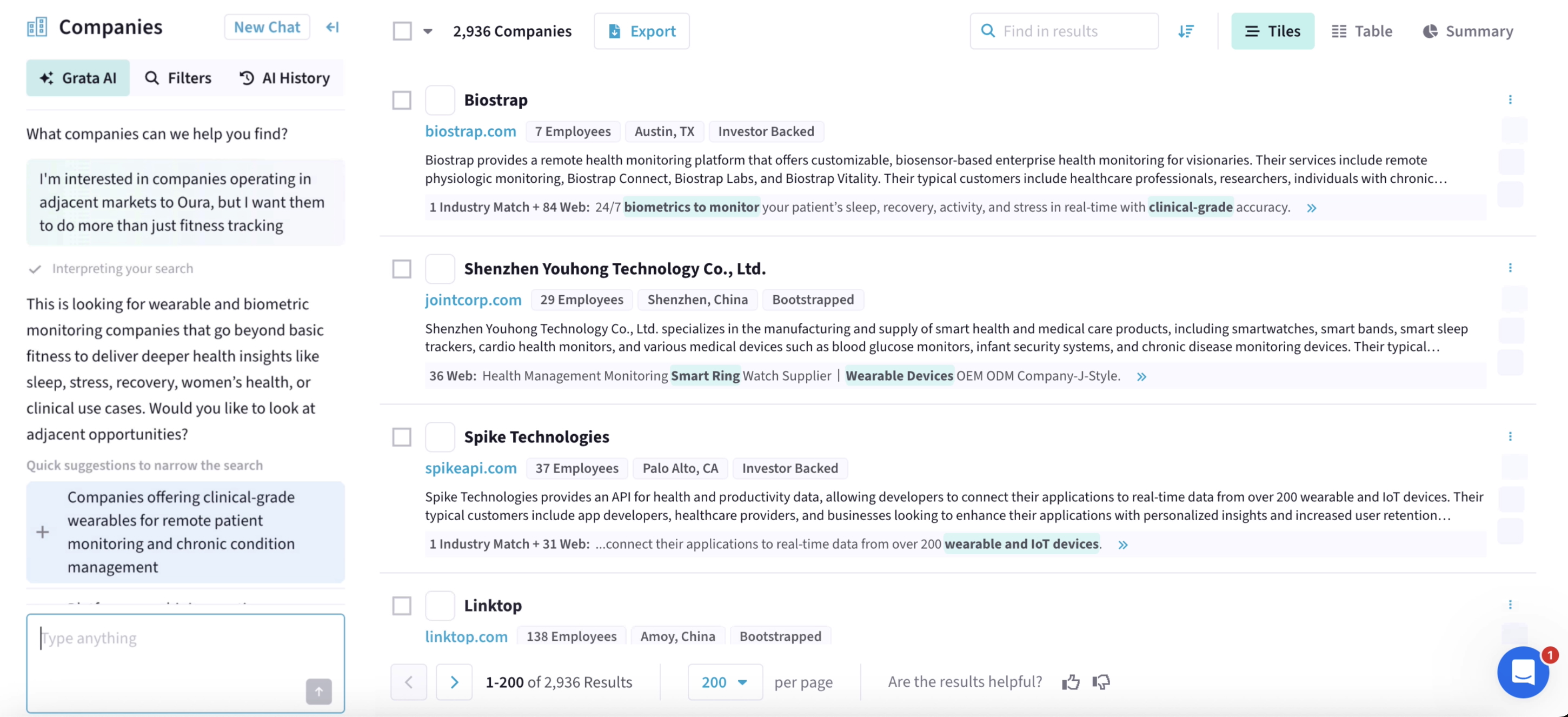 A screenshot of the Grata platform displaying its Agentic Search feature. On the left, the user has input into the chat box, "I'm interested in companies operating in adjacent markets to Oura, but I want them to do more than just fitness tracking." The agent interprets the search, responding with, "The is looking for wearable and biometric monitoring companies that go beyond basic fitness to deliver deeper health insights like sleep, stress, recovery, women's health, or clinical use cases. Would you like to look at adjacent opportunities?" The AI agent presents quick suggestions including, "Companies offering clinical-grade wearables for remote patient monitoring and chronic condition management." On the left of the screenshot is a list of more than 2,500 companies in the space.