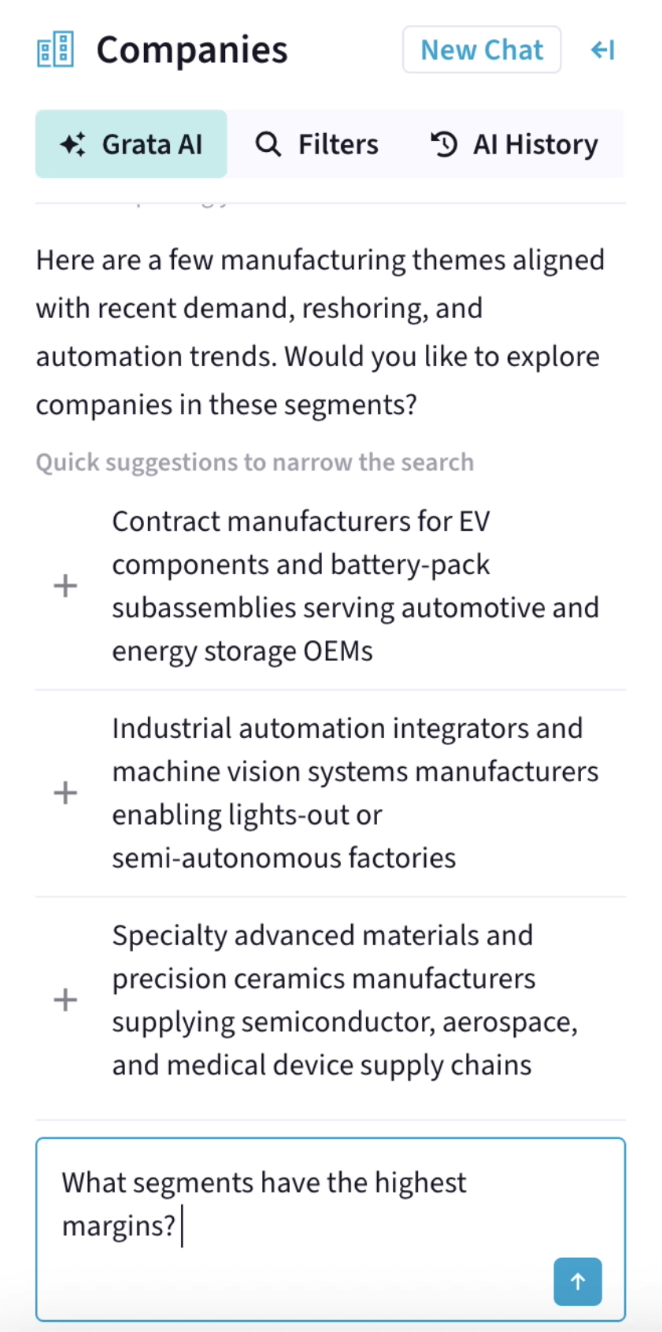 A vertical screenshot of the Grata platform, specifically the Grata AI tab. The agent returns, "Here are a few manufacturing themes aligns with recent demand, reshoring, and automation trends. Would you like to explore companies in these segments?" The agent makes the following quick suggestions: Contract manufacturers for EV components and battery-pack subassemblies serving automotive and energy storage OEMs; Industrial automation integrators and machine vision systems manufacturers enabling lights-out or semi-autonomous factories; Specialty advanced materials and precision ceramics manufacturers supplying semiconductor, aerospace, and medical device supply chains. In the below chat box, the user asks, "What segments have the highest margins?"