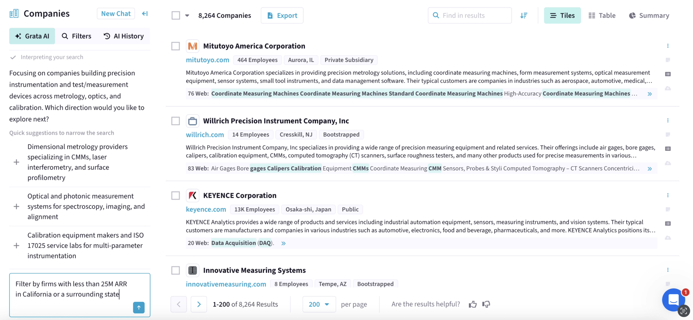 A horizontal screenshot of the Grata platform. In the Grata AI chat box (left), the agent says, "Focusing on companies building precision instrumentation and test/measurement devices across metrology, optics, and calibration. Which direction would you like to explore next?" The agent returns these quick suggestions to narrow the search: Dimensional metrology providers specializing in CMMs, laser interferometry, and surface profilometry; Optical and photonic measurement systems for spectroscopy, imaging, and alignment; Calibration equipment makers and ISO 17025 service labs for multi-parameter instrumentation. The list of 8,000+ companies (right) populates. The user asks the agent, "Filter by firms with less than 25M ARR in California or a surrounding state."