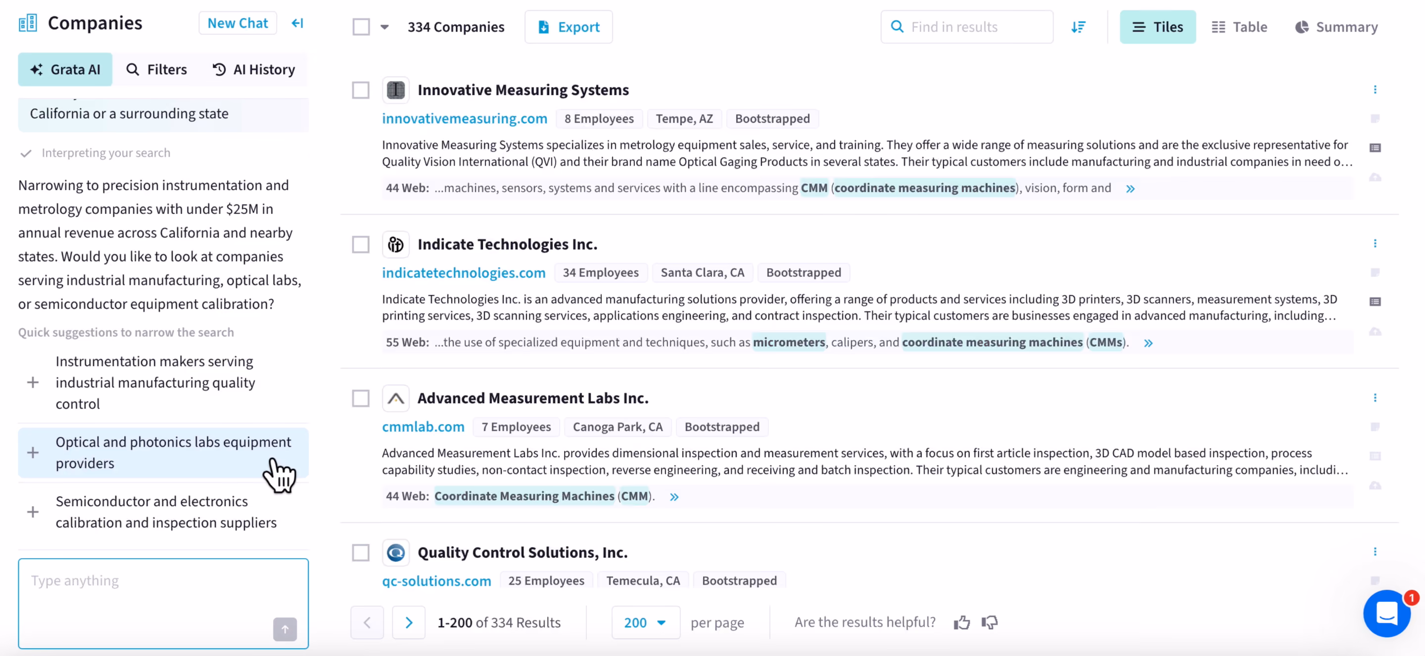 A horizontal screenshot of the Grata platform. In the Grata AI chat box (left), the agent responds to the user request: "Narrowing to prevision instrumentation and metrology companies with under $25M in annual revenue across California and nearby states. Would you like to look at companies serving industrial manufacturing, optical labs, or semiconductor equipment calibration?" The agent offers these quick suggestions to narrow the search: instrumentation makers serving industrial manufacturing quality control; optical photonics labs equipment providers; semiconductor and electronics calibration and inspection suppliers. Grata has returned a list of 300+ companies (right).  