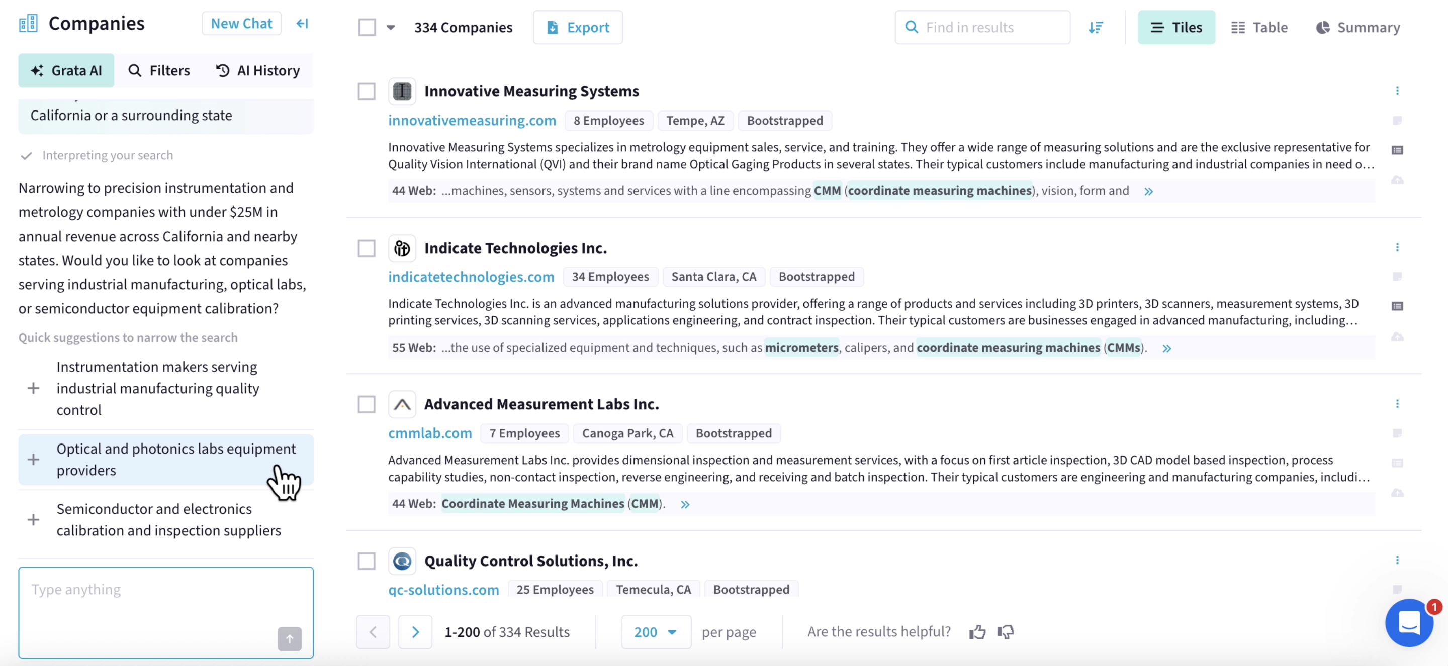 A horizontal screenshot of the Grata platform. In the Grata AI chat box (left), the agent responds to the user request: "Narrowing to prevision instrumentation and metrology companies with under $25M in annual revenue across California and nearby states. Would you like to look at companies serving industrial manufacturing, optical labs, or semiconductor equipment calibration?" The agent offers these quick suggestions to narrow the search: instrumentation makers serving industrial manufacturing quality control; optical photonics labs equipment providers; semiconductor and electronics calibration and inspection suppliers. Grata has returned a list of 300+ companies (right).  
