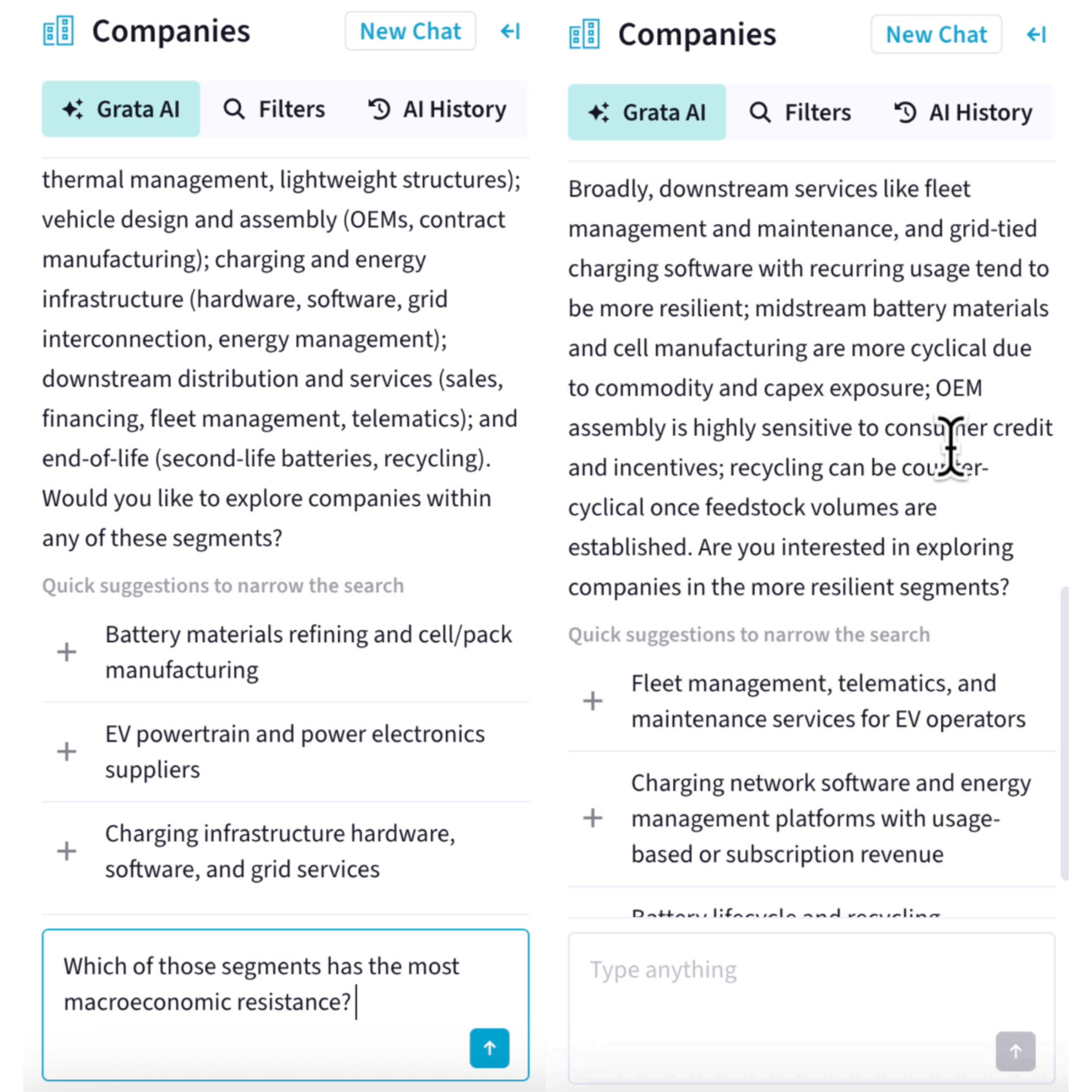 Two side-by-side vertical screenshots of the Grata's Agentic Search feature. After interpreting the search, Grata asks, "Would you like to explore companies within any of these segments?" It offers quick suggestions to narrow the search: battery materials refinishing and cell/pack manufacturing; EV powertrain and power electronics suppliers; charging infrastructure hardware, software, and grid services. The user inputs, "Which of those segments has the most macroeconomic resistance?" In the second screenshot (right), the agent responds, "Broadly, downstream services like fleet management and maintenance, and grid-tied charging software with recurring usage tend to be more resilient; midstream battery materials and cell manufacturing are more cyclical due to commodity and capex exposure; OEM assembly is highly sensitive to consumer credit and incentives; recycling can be counter-cyclical once feedstock volumes are established. Are you interested in exploring companies in the more resilient segments?" The agent suggests the following to narrow the search: fleet management, telematics, and maintenance services for EV operators; charging network software and energy management platforms with usage-based or subscription revenue; battery lifecycle and recycling.