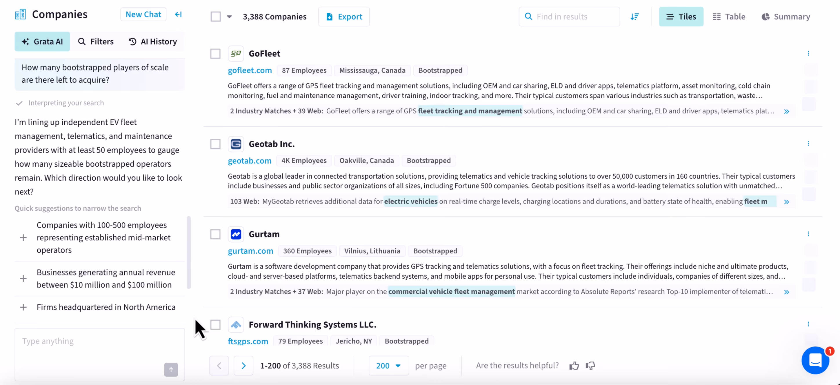 A horizontal screenshot showcasing the Grata platform and Grata Agentic Search. In the chat box (left), the user asks, "How many bootstrapped players of scale are there left to acquire?" The agent responds, "I'm lining up independent EV fleet management, telematics, and maintenance providers with at least 50 employees to gauge how many sizeable bootstrapped operators remain. Which direction would you like to look next?" followed by quick suggestions to narrow the search: companies with 100-500 employees representing established mid-market operators; businesses generating annual revenue between $10 million and $100 million; firms headquartered in North America. Grata has returned 3,000+ companies (right) based on this search.