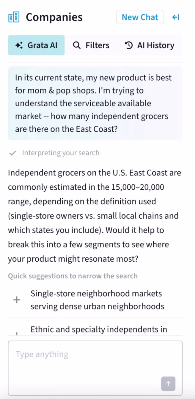 A vertical screenshot of Grata's Agentic Search feature. The user asks the agent, "In its current state, my new product is best for mom & pop shops. I'm trying to understand the serviceable available market -- how many independent grocers are there on the East Coast?" After interpreting the search, the agent responds, "Independent grocers on the U.S. East Coast are commonly estimated in the 15,000-20,000 range, depending on the definition used (single-store owners vs. small local chains and which states you include). Would it help to break this into a few segments and see where your product might resonate most?" The agent offers quick suggestions, including "Single-store neighborhood markets serving dense urban neighborhoods."