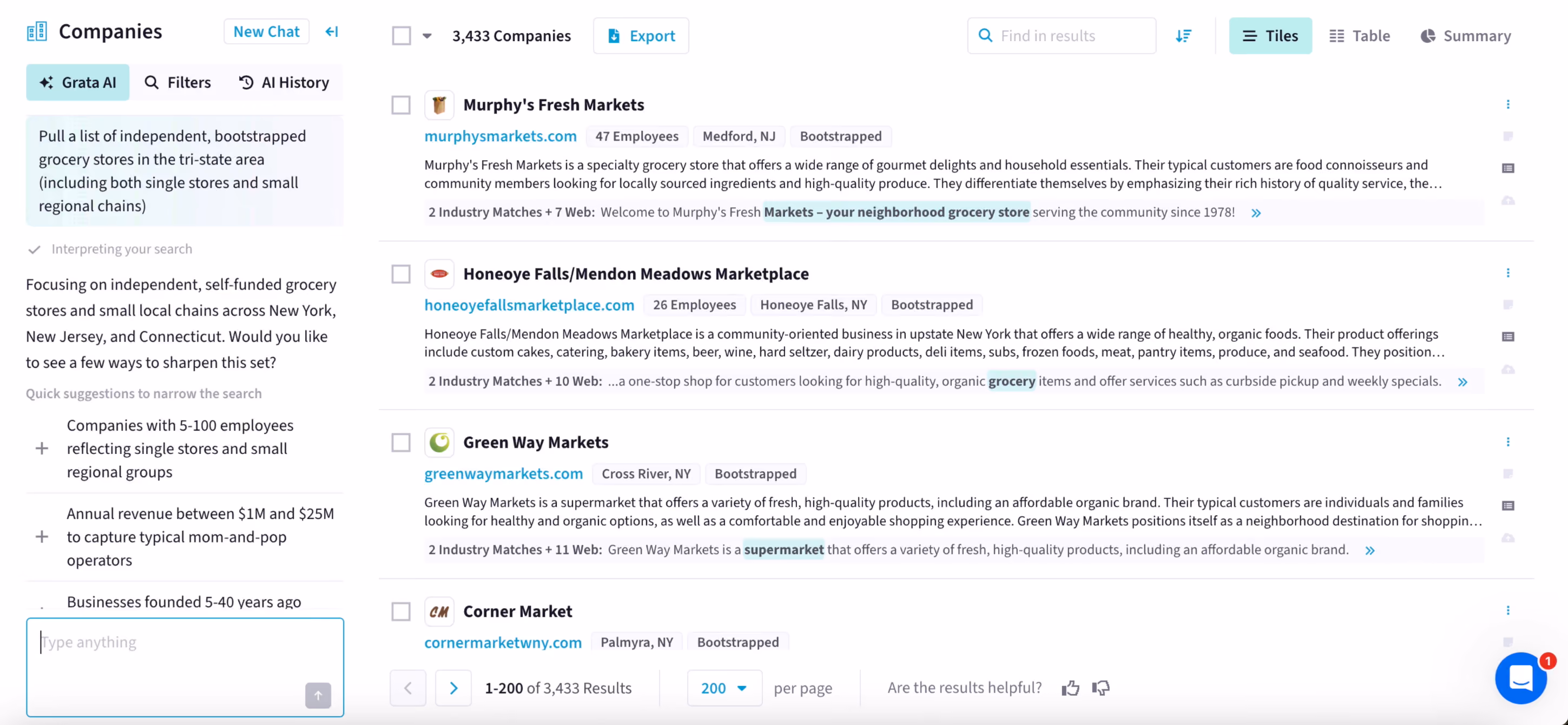 A horizontal screenshot of Grata's Agentic AI feature. In the chat box (left), user inputs, "Pull a list of independent, bootstrapped grocery stores in the tri-state area (including both single stores and small regional chains." After interpreting the search, the agent responds, "Focusing on independent, self-funded grocery stores and small local chains across New York, New Jersey, and Connecticut. Would you like to see a few ways to sharpen this set?" The agent presents the following quick suggestions to narrow the search: Companies with 5-100 employees reflecting single stores and small regional groups; annual revenue between $1M and $25M to capture typical mom-and-pop operators." Grata returns a search of more than 3,000 companies (right).