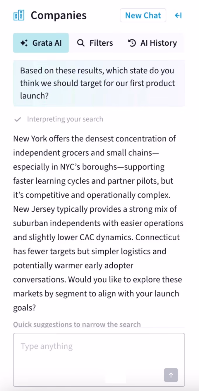 A vertical screenshot of Grata's Agentic Search feature. In a chat box, the user asks the agent, "Based on these results, which state do you think we should target for our first product launch?" After interpreting the search, the agent responds, "New York offers the densest concentration of independent grocers and small chains -- especially in NYC's boroughs -- supporting faster learning cycles and partner pilots, but it's competitive and operationally complex. New Jersey typically provides a strong mix of suburban independents with easier operations and slightly lower CAC dynamics. Connecticut has fewer targets but simpler logistics and potentially warmer early adopter conversations. Would you like to explore these markets by segment to align with your launch goals?"