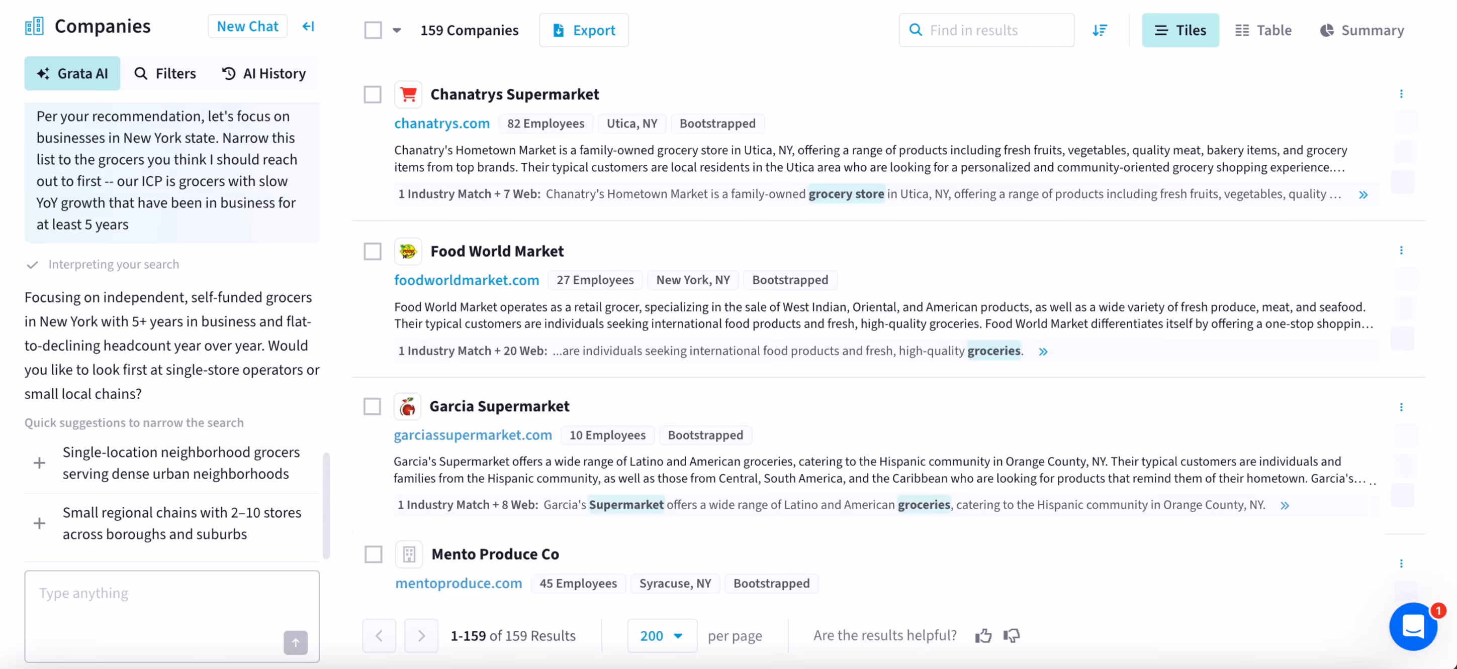 A horizontal screenshot of Grata's Agentic Search feature. In the chat box (left), the user inputs, "Per your recommendation, let's focus on businesses in New York state. Narrow this list to the grocers you think I should reach out to first -- our ICP is grocers with slow YoY growth that have been in business for at least 5 years." Grata's agent responds, "Focusing on independent, self-funded grocers in New York with 5+ years in business and flat-to-declining headcount year over year. Would you like to look first at single-store operators or small local chains?" The agent offers the following quick suggestions: Single-location neighborhood grocers serving dense urban neighborhoods; Small regional chains with 2-10 stores across boroughs and suburbs. Grata returns a list (right) of more than 150 relevant companies.