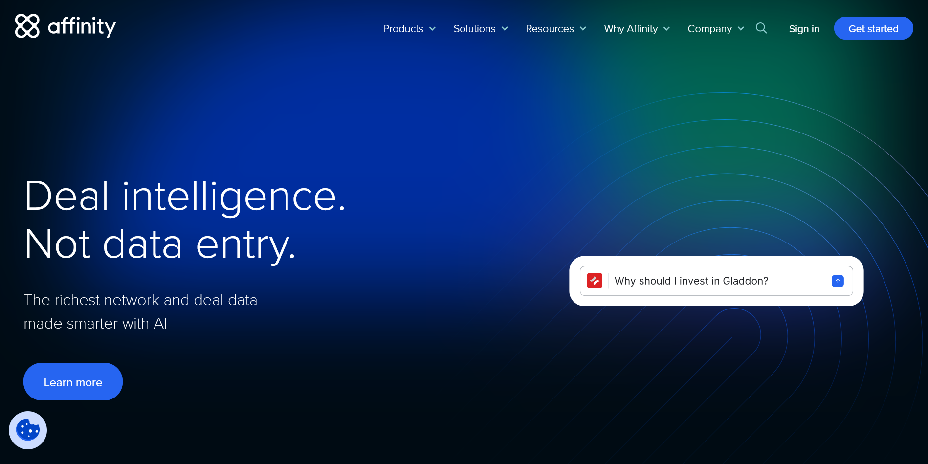 Screenshot of Affinity's homepage. On a gradient blue background is the headline, "Deal intelligence. Not data entry."