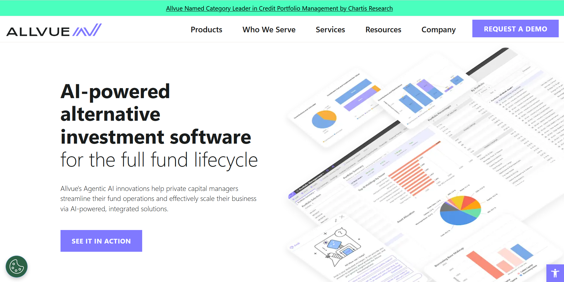 Screenshot of Allvue homepage. Atop a white background is the headline "AI-powered alternative investment software for the full fund lifecycle."