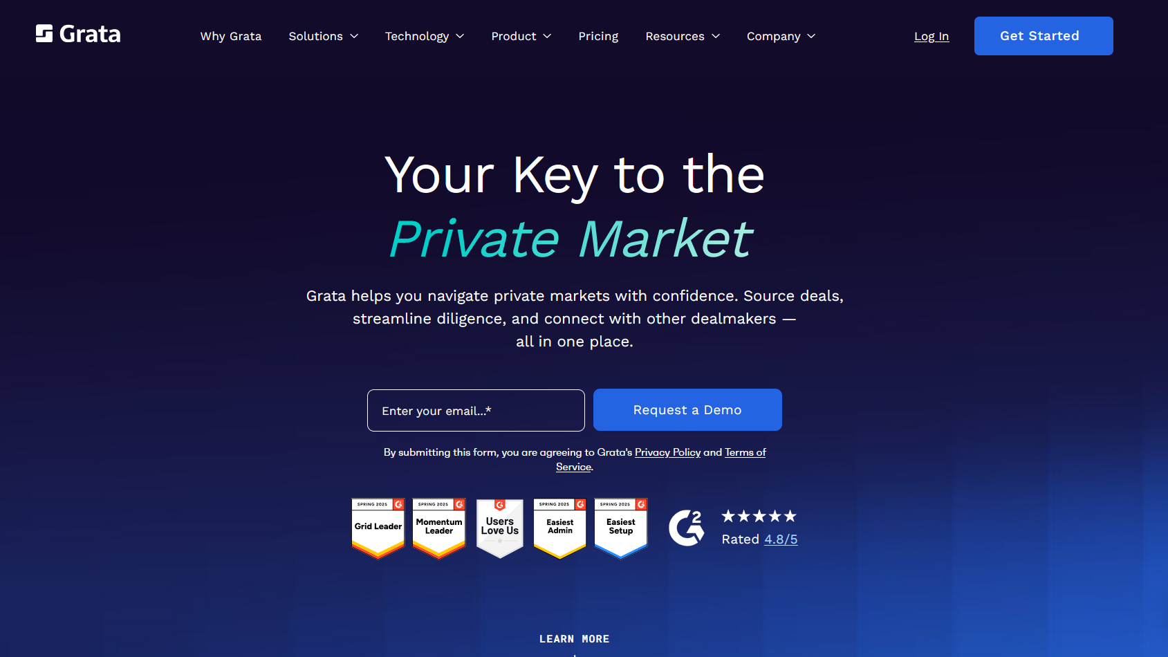 Screenshot from Grata homepage featuring a dark blue background with the headline "Your Key to the Private Market."