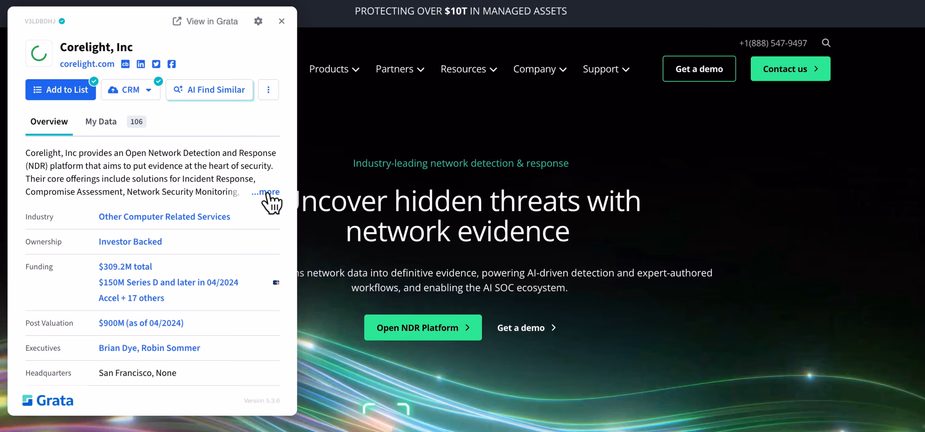 A screenshot of the Grata Chrome Extension pop-up on Corelight's homepage. With the extension, company highlights are instantly available including company overview, industry, ownership, funding history, post valuation, executive names, and headquarters location.